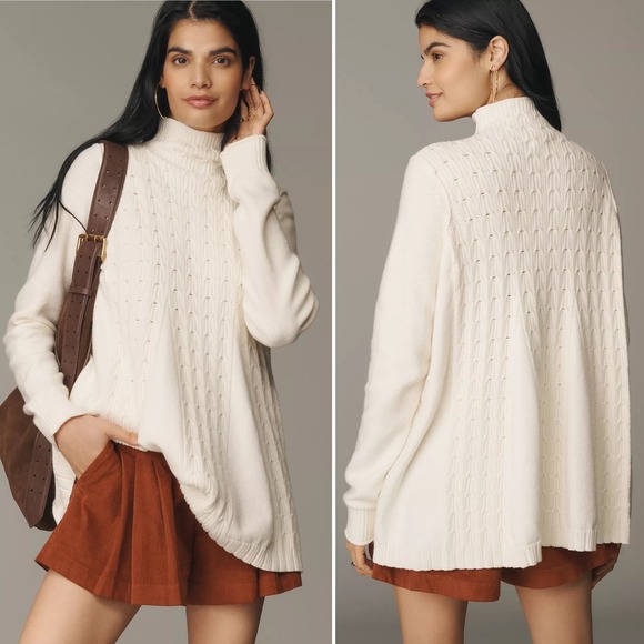 Pilcro Sweaters - NWT Pilcro Anthropologie Cable Knit Long Swing Sweater Mock Neck Ivory L $138